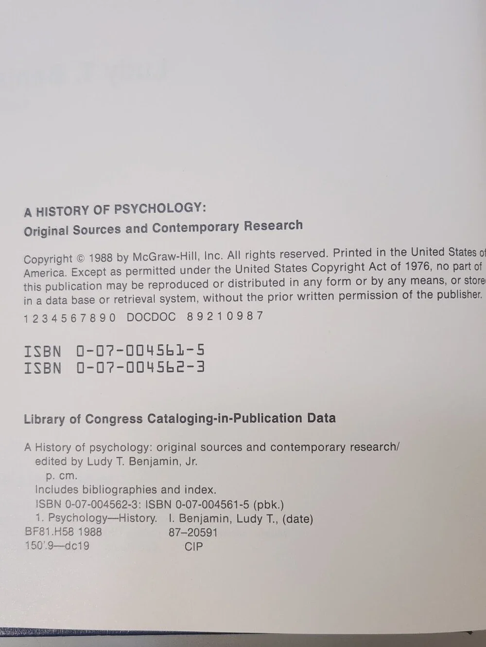 A History of Psychology Hardcover 1988 Inscribed By Ludy T. Benjamin Jr.